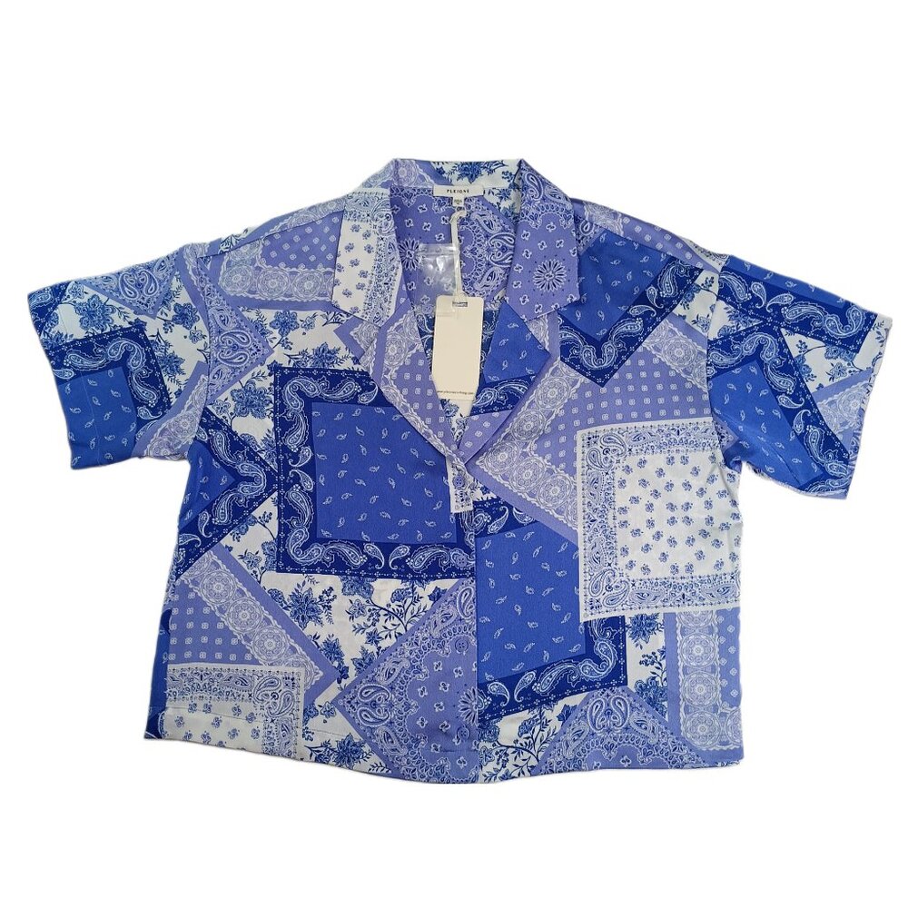 Anthropologie Pleione Top MEDIUM Satin Bandana Button Down Patchwork New NWT